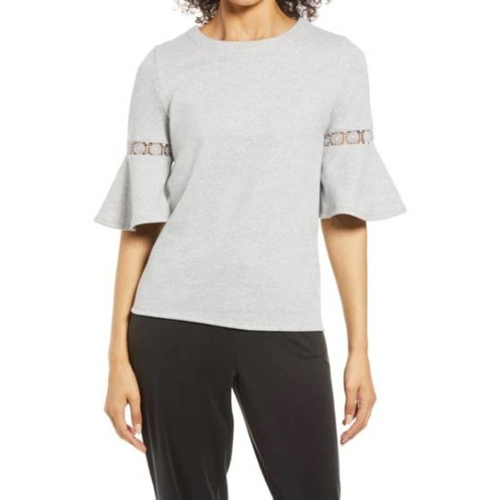 Everleigh Heather Gray Lace Accent Bell Sleeve Cotton Blend Knit Top NWT Size XS